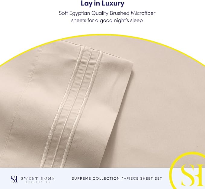 RV Queen Bed Sheets - Breathable Luxury Sheets with Full Elastic & Secure Corner Straps Built In - 1800 Supreme Collection Extra Soft Deep Pocket Bedding Set, Sheet Set, RV Short Queen, Beige