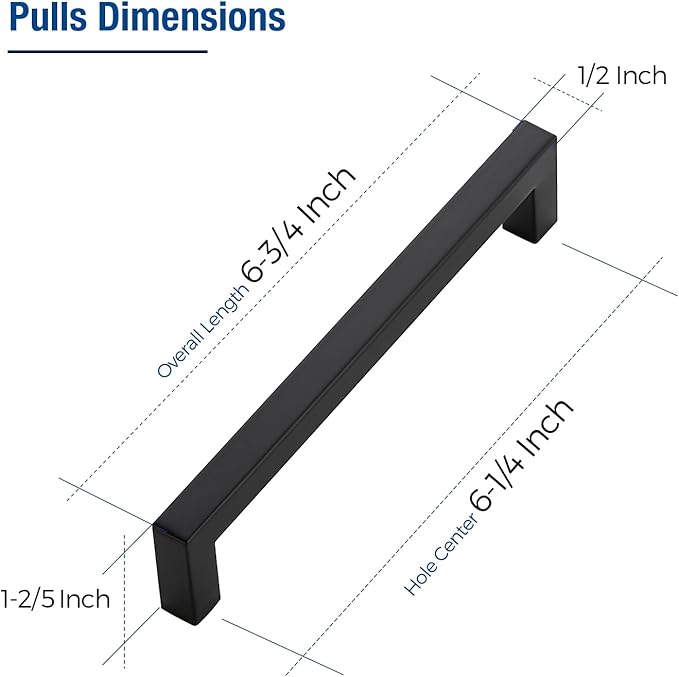 JOY DECOR 4 Pack Cabinet Handles, Black Cabinet Pulls, 6-1/4 Inch Kitchen Closet Handles Square Drawer Pulls Stainless Steel Drawer Hardware, 160mm Hole Centers