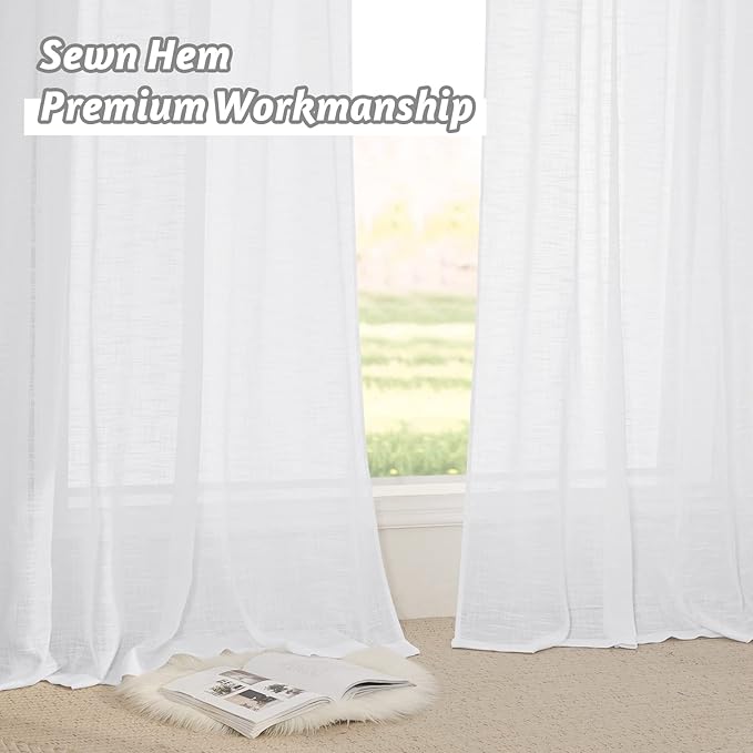 RYB HOME White Sheer Curtains, Extra 66 inches Widith Rod Pocket Light Filtering Breathable Semi Sheer Curtains for Living Room, W 66 x L 84 inches, 2 Panels Set