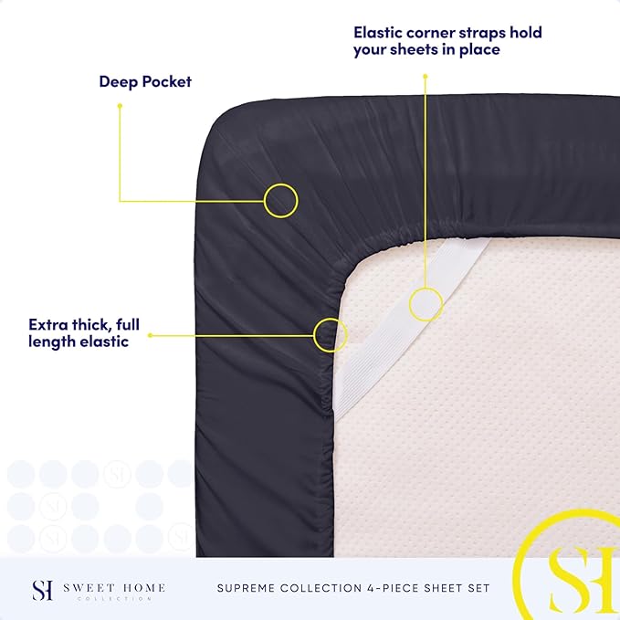 Split King Sheets - Breathable Luxury Sheets with Full Elastic & Secure Corner Straps Built In - 1800 Supreme Collection Extra Soft Deep Pocket Bedding Set, Sheet Set, Split King Size, Navy