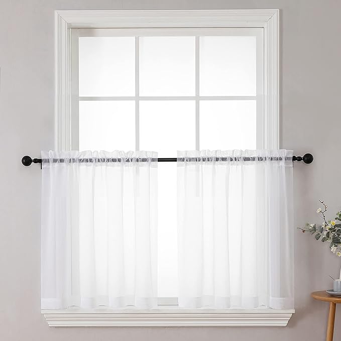 Chyhomenyc Sheer White Tier Curtains 24 Inch Length Set, Small Window Curtains Treatment for Bathroom/Living Room/Cafe/Basement, Short Voile Curtain Tiers 42in x 24in, Rod Pocket, 2 PCS