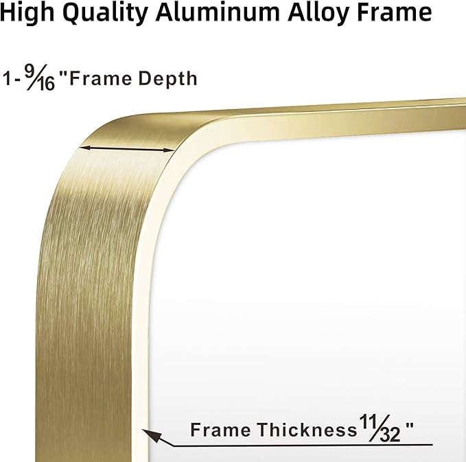 18"x24" Brushed French Gold Mirror for Wall, Bright Gold Rounded Rectangle Mirror with Metal Frame Hanging for Bathroom Entryway Vanity,Living Room,Bedroom,Vertical or Horizontal