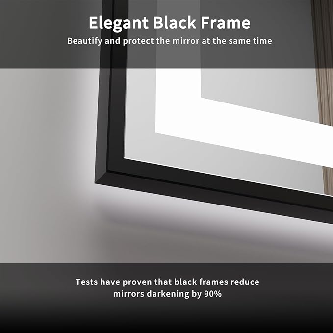 Bathroom Mirror Frame, 48x40 Inch Black Framed Gradient Front and Backlit LED Bathroom Mirror, 3 Colors Dimmable CRI>90, IP54 Enhanced Anti-Fog Wall Mounted LED Mirror