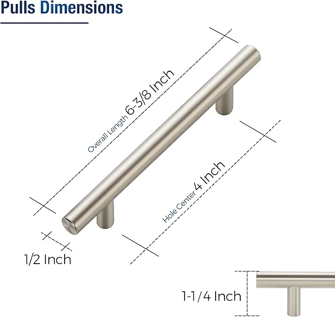 JOY DECOR 10 Pack Cabinet Handles, Brushed Nickel Cabinet Pulls, 4 in Hole Center Kitchen Cabinet Handles, Stainless Steel T Bar Handles for Dresser Drawers
