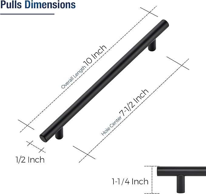 JOY DECOR 10 Pack Cabinet Handles, Black Cabinet Pulls, 7-1/2 in Hole Center Kitchen Hardware, Stainless Steel T Bar Handles for Dresser Drawers