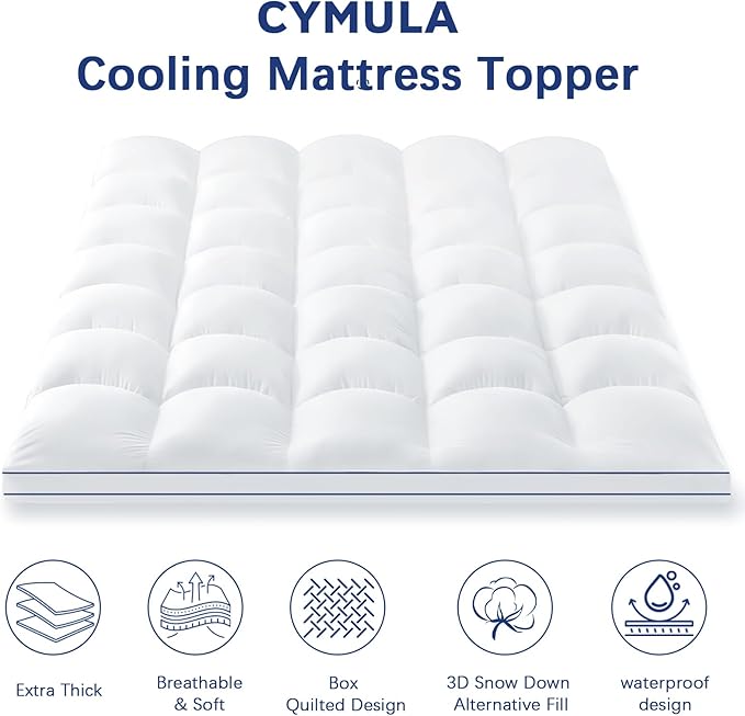 CYMULA Full XL Mattress Topper Waterproof, Cooling Mattress Pad Cover, Extra Thick Pillow Top Mattress Topper with 8-21 Inch Elasticated Deep Pockets, Plush Down Alternative Fill Mattress Protector