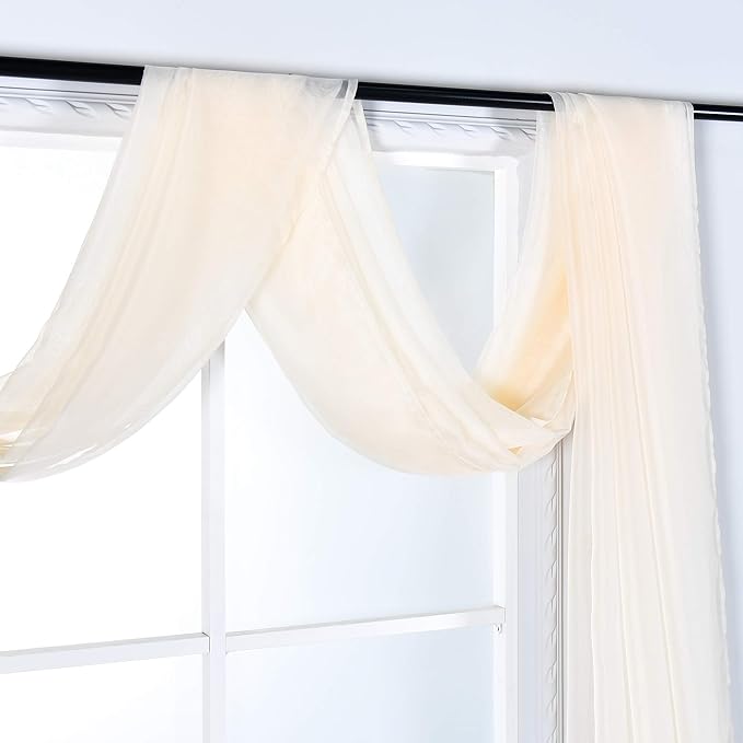KEQIAOSUOCAI Beige Sheer Window Scarf Curtains Valance 144 Inches Long Sheer Fabric for Draping Curtain Toppers for Wedding Party Girls Room Bed Canopy Scarves 52Wx144L Beige