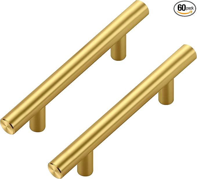 JOY DECOR 60 Pack Cabinet Handles, Gold Cabinet Pulls, 3 in Hole Center Kitchen Cabinet Handles, Stainless Steel T Bar Handles for Dresser Drawers