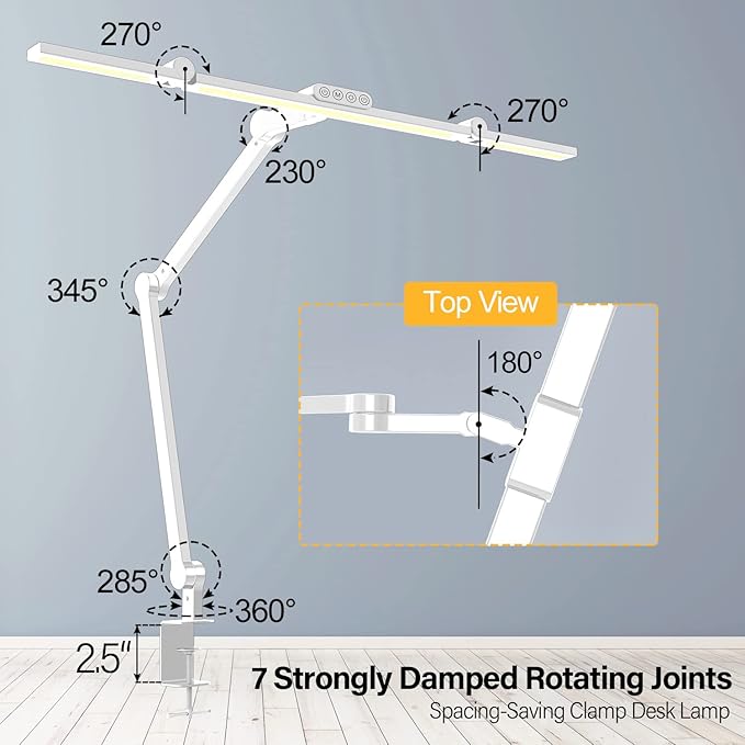 Micomlan Led Desk Lamp for Home Office, White Architect Desk Lamp with Clamp for Crafting, 24W Bright Rotatable Led Table Light Stepless Dimming Tempering Wide Computer Light with Atmosphere Lighting