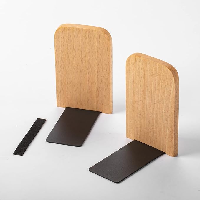Muso Wood Book Ends for Shelves, Non-Slip Bookends, Heavy Duty Wooden Bookend Support for Books and Movies (Beech 2 Pairs)