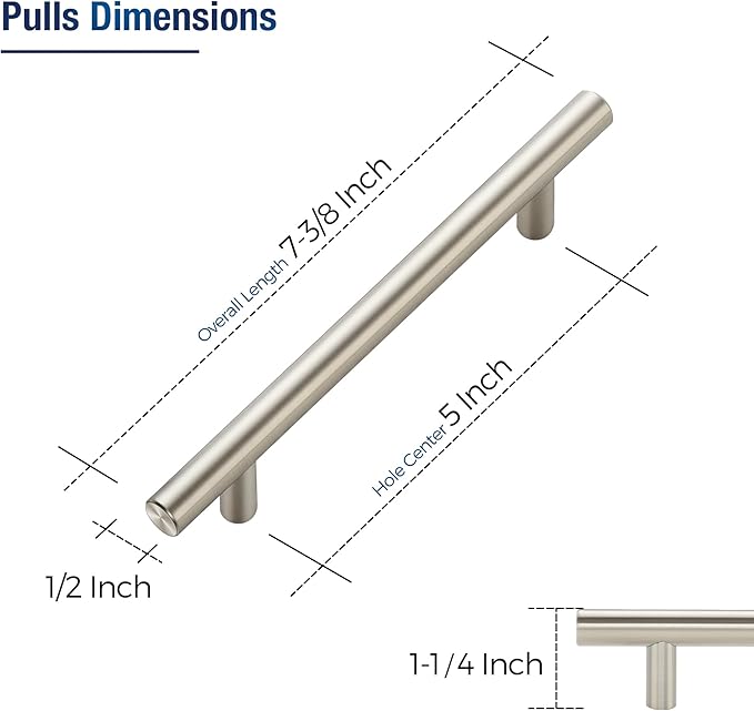 JOY DECOR 30 Pack Cabinet Handles, Brushed Nickel Cabinet Pulls, 5 in Hole Center Kitchen Cabinet Handles, Stainless Steel T Bar Handles for Dresser Drawers