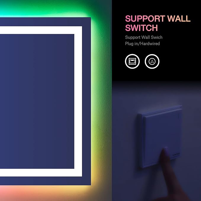 LOAAO 55”X36“ RGB LED Bathroom Mirror with Lights, Large, Anti-Fog, Dimmable Smart Lighted Bathroom Vanity Mirror, Multiple Light Modes, RGB Backlit + Front Light, Memory Function, Tempered Glass