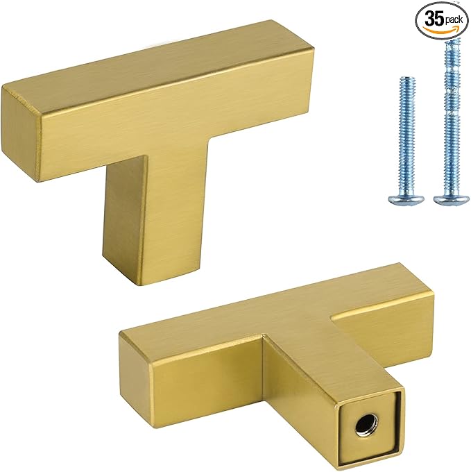 LONTAN 35 Pack Dresser Knobs Brushed Brass Kitchen Cabinet knobs Square Gold Cabinet Door Hardware for Bathroom Closet Cupboard