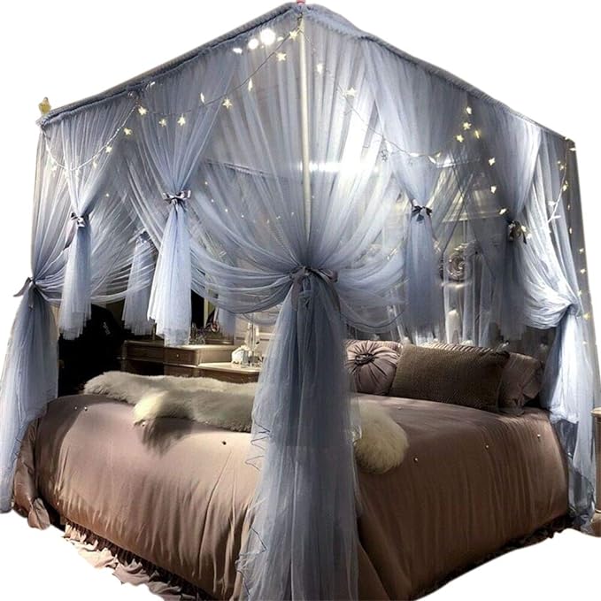 Joyreap 4 Corners Post Canopy Bed Curtain for Girls & Adults - Royal Luxurious Cozy Drape Netting - Cute Princess Bedroom Decoration (Gray-Blue, Full/Queen)