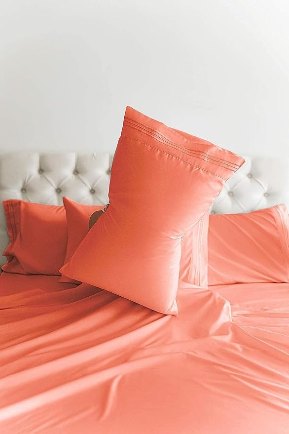 King Sheets Set 6 Piece - Includes 4 Pillowcases - Bed Sheets King Size - Soft Hotel Luxury Bedding - Cooling, Comfy, Fade Free & Breathable - 1 Flat & 1 Fitted & 4 Pillowcases w/ Deep Pockets - Coral