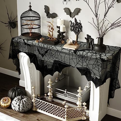 AerWo Halloween Decorations Indoor Fireplace Mantel Scarf, Black Lace Spiderweb Fireplace Cover for Halloween Mantle Decor Festive Party Supplies,20x79 inches - Image 5