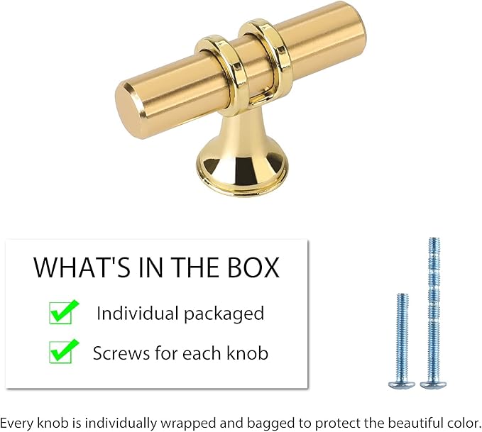 LONTAN 20 Pack Brushed Brass Cabinet Knobs Gold Dresser Knobs - LS6852GD T Bar Square Gold Cabinet Pull Single Hole Kitchen Cupboard