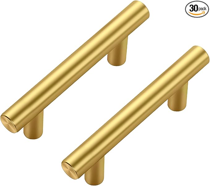 JOY DECOR 30 Pack Cabinet Handles, Gold Cabinet Pulls, 2-1/2 in Hole Center Kitchen Cabinet Handles, Stainless Steel T Bar Handles for Dresser Drawers