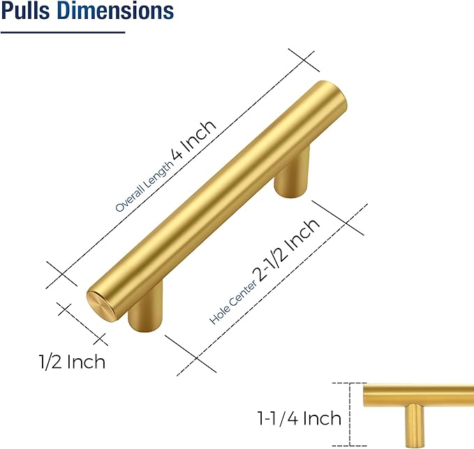 JOY DECOR 60 Pack Cabinet Handles, Gold Cabinet Pulls, 2-1/2 in Hole Center Kitchen Cabinet Handles, Stainless Steel T Bar Handles for Dresser Drawers