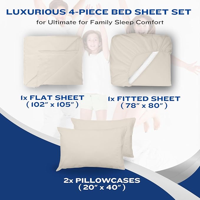 DREAMCARE California King Sheet Sets - Cooling Bed Sheets - 4pcs Set - up to 15" Deep Pocket Cal King Sheets - California King Sheets - Soft & Lasting 100% Brushed Polyester with Side Pocket - Ivory