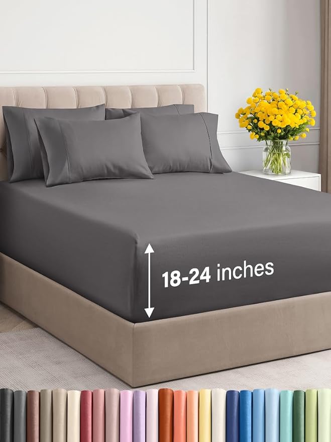 Extra Deep Queen Sheet Set - 6 Piece Breathable and Cooling Sheets - Hotel Luxury Bed Sheets Set - Easy & Secure Fit - Soft, Wrinkle Free and Comfy Sheets Set - Grey Sheet Set with Extra Deep Pockets