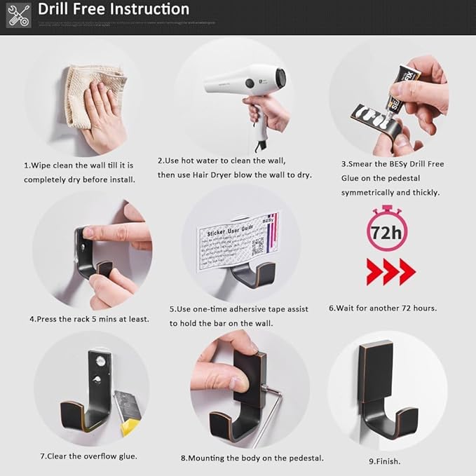 BESy Brass Clothes Hook Single Towel Hook for Bathroom Kitchen Garage Square Style Robe Hooks Coat and Hat Hook, Self Adhesive with Glue or Wall Mounted with Screws, Two Packs, Matte Black