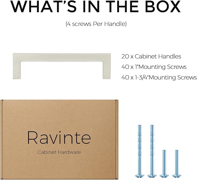 Ravinte 20 Pack Solid 4 Inch Center to Center Slim Square Bar Drawer Handles - Cabinet Hardware Brushed Nickel Pulls for Kitchen and Drawers