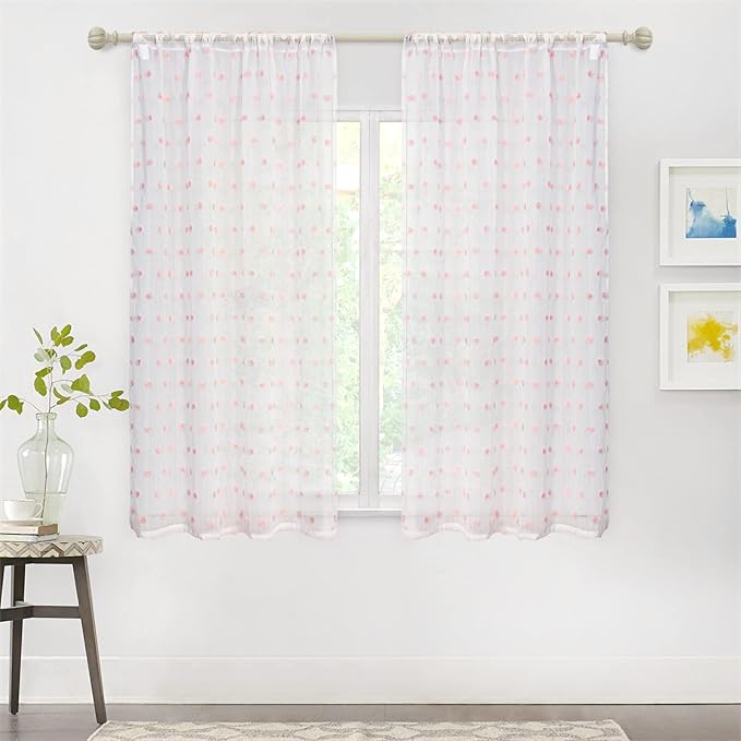 MYSKY HOME Pink Curtains for Girls Bedroom Nursery Pom Pom Curains for Girls Kids Room 63 Inch Long White Sheer Curtains for Dining Room Playroom Rod Pocket Window 38" x 63" 2 Pieces