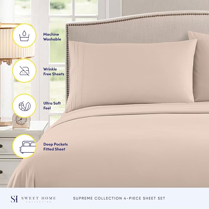 Twin XL Sheets - Breathable Luxury Sheets with Full Elastic & Secure Corner Straps Built In - 1800 Supreme Collection Extra Soft Deep Pocket Bedding Set, Sheet Set, Twin XL, Beige