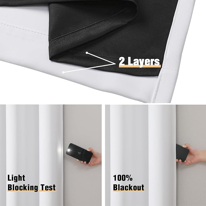 ChrisDowa White 100% Blackout Curtains for Bedroom with Black Liner, 2 Thick Layers Total Blackout Thermal Insulated Grommet Window Curtains 2 Panels Set (Pure White, 52 x 45 Inch)