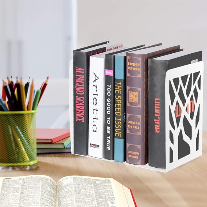 Book Ends, Bookends, Bookends for Shelves, Bookend, Book Ends for Heavy Books, White Metal Book Shelf Holder Home Decorative, Book Stoppers for Shelves, Bookend Supports 6 Pair