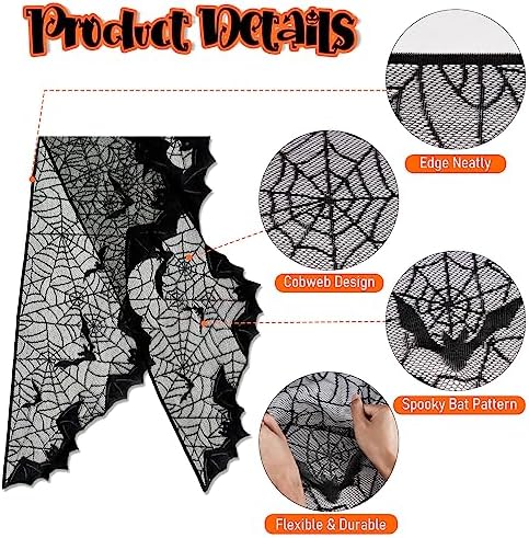 AerWo Halloween Decorations Indoor Fireplace Mantel Scarf, Black Lace Spiderweb Fireplace Cover for Halloween Mantle Decor Festive Party Supplies,20x79 inches - Image 3