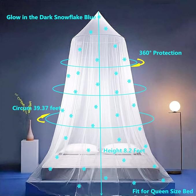 Eimilaly Princess Bed Canopy Glow in The Dark, Christmas Snowflakes Bed Canopy for Girls Room Decor, Encrypted Fabric, Blue