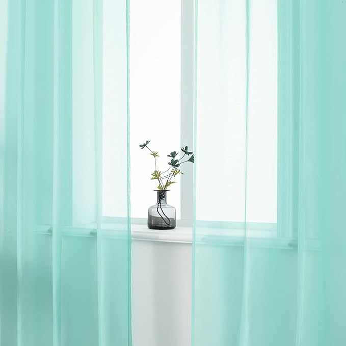 DUALIFE Aqua Blue Voile Sheer Grommet Curtains for Bedroom,Look Semi Sheer Windows Panels,Elegant Solid Color Touch Soft Drapes,52X96 Inch for Living Room 2 Panels(Seafoam Green)