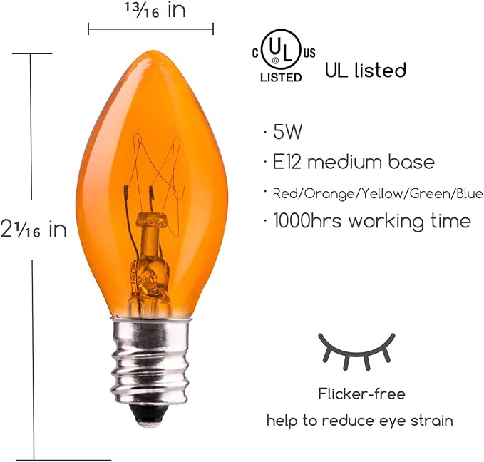 Brightown 50-Pack C7 Christmas Replacement Bulbs, C7 Clear Incandescent Bulbs for Christmas Light Strings, E12 Candelabra Base, 5 Watt, Multi-Color