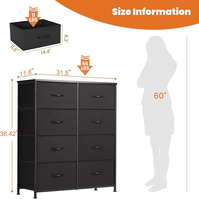 Sweetcrispy Dresser, Dresser for Bedroom Drawer Organizer Storage Drawers, Fabric Storage Tower with 8 Drawers, Chest of Drawers with Steel Frame, Wood Top for Nursery, Living Room, Closet