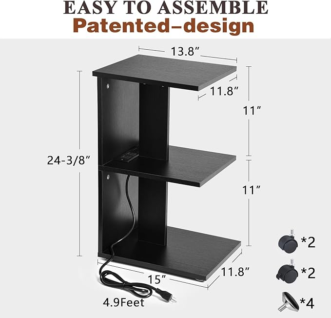 ZGREN End Table with Charging Station, Narrow Side Tables for Small Spaces USB Ports and Outlets Rolling Bedside Nightstand Sofa Couch Slim Shelf Night Stand Living Room, Bedroom, Black