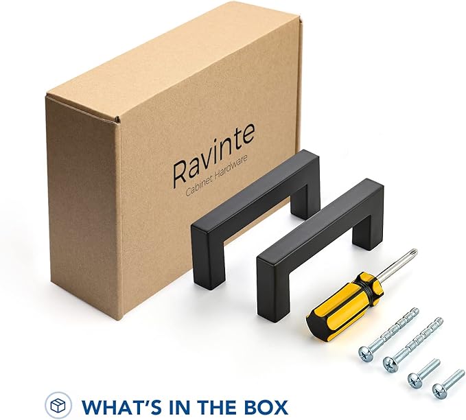Ravinte 50 Pack Black Cabinet Pulls 3 Inch Square Kitchen Cabinet Handles Matte Black Kitchen Hardware for Drawer Pulls Drawer Handles Come with Screwdriver