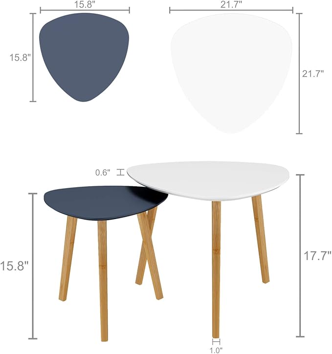 BAMEOS Bamboo Nesting Triangle End Table,Set of 2 Coffee Table Modern Minimalist Side Table for Living Room, Balcony in White & Grey