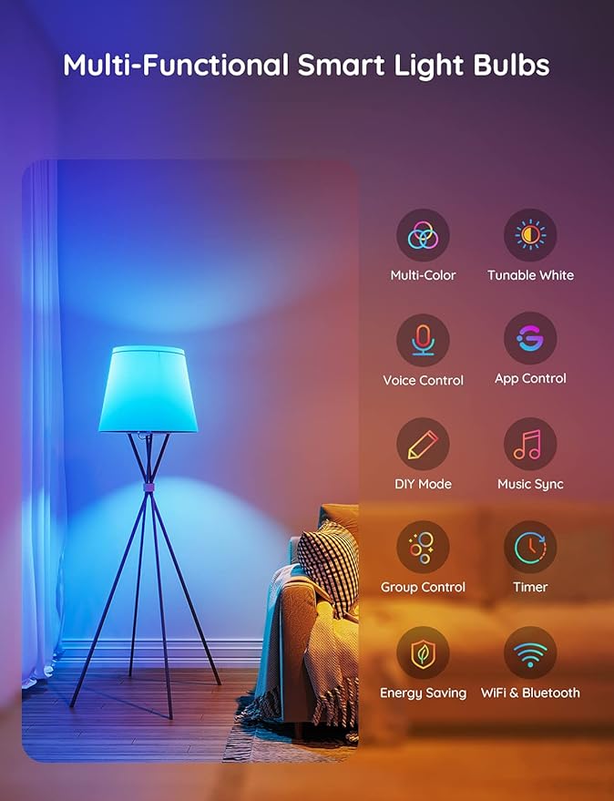 Govee Smart Light Bulbs, WiFi Bluetooth Color Changing Bulbs, Music Sync, 54 Dynamic Scenes, 16 Million DIY Colors RGB Light Bulbs, Work with Alexa, Google Assistant, 800 Lumen, 8 Pack