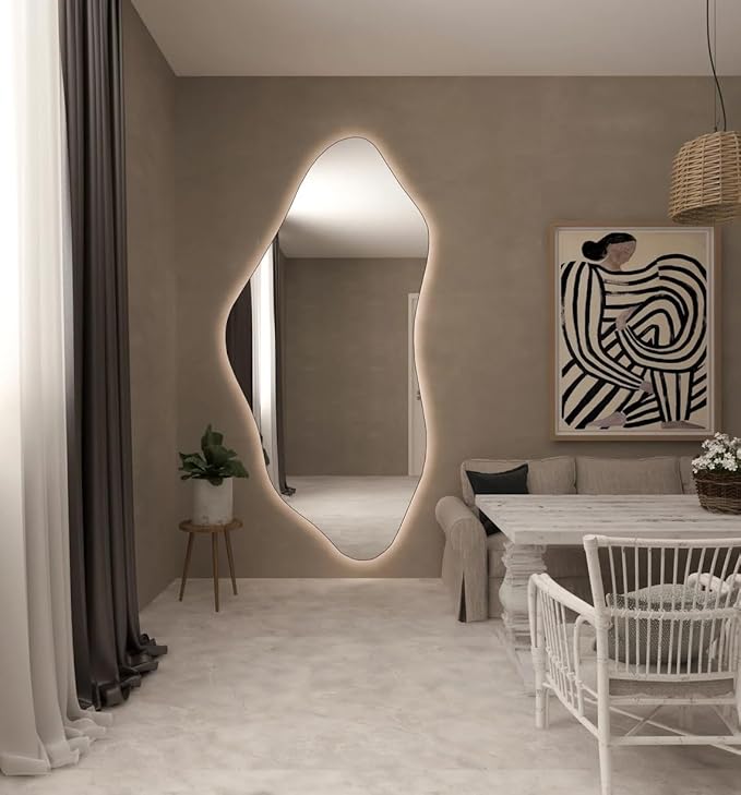 Asymmetrical Bathroom LED Mirror, Modern Irregular Shape Wall Mirror with LED Lights, Frameless Aesthetic Backlit LED Illimunated Vanity Mirror (43" x 21" inc)
