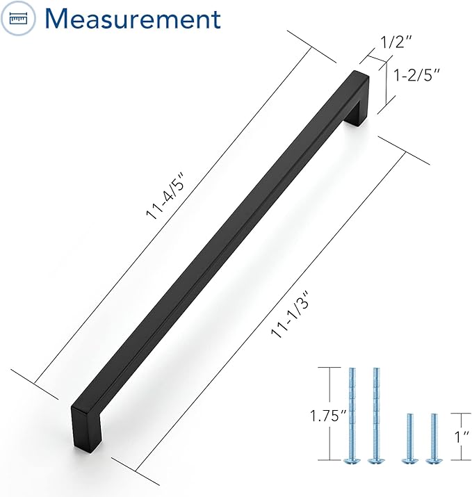 Ravinte 1 Pack Black Cabinet Pulls 11-1/3 Inch Square Cabinet Handles Matte Black Kitchen Hardware for Cabinet Drawer Pulls Come with Screwdriver