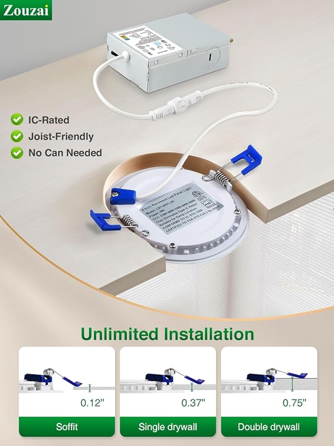 zouzai 12 Pack White 8 inch 18W 1620LM 5CCT Reset Ultra-Thin LED Recessed Ceiling Light with Junction Box, 2700K/3000K/3500K/4000K/5000K Selectable,Dimmable - ETL and Energy Star Certified
