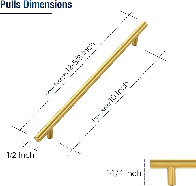 JOY DECOR 45 Pack Cabinet Handles, Gold Cabinet Pulls, 10 in Hole Center Kitchen Cabinet Handles, Stainless Steel T Bar Handles for Dresser Drawers