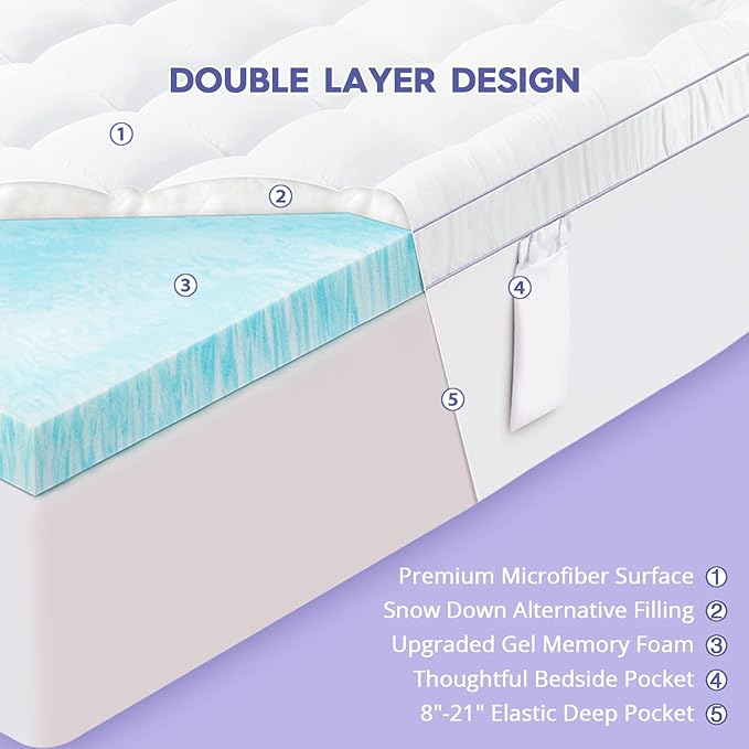 ABENE Queen Size Dual Layer 3 Inch Memory Foam Mattress Topper, 2 Inch Gel Memory Foam Plus 1 Inch Down Alternative Pillowtop Mattress Pad Cover, Thick Soft Bed Topper Support for Back Pain