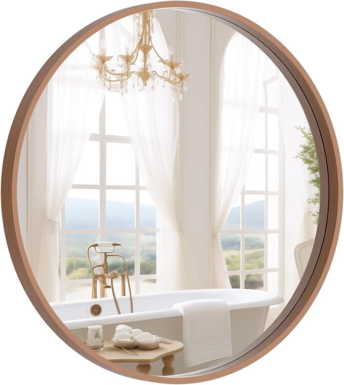 WallBeyond Wood Round Mirror with Wood Frame 24 inch Circle Wall Mirror for Bathroom Round Wall Mirror for Wall Decor, Vanity, Entryway Living Room (Walnut)