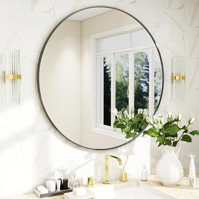 BEAUTYPEAK 24 Inch Round Mirror, Metal Frame Circle Mirror, Wall Mounted for Entryway, Bathroom, Vanity, Living Room, Black