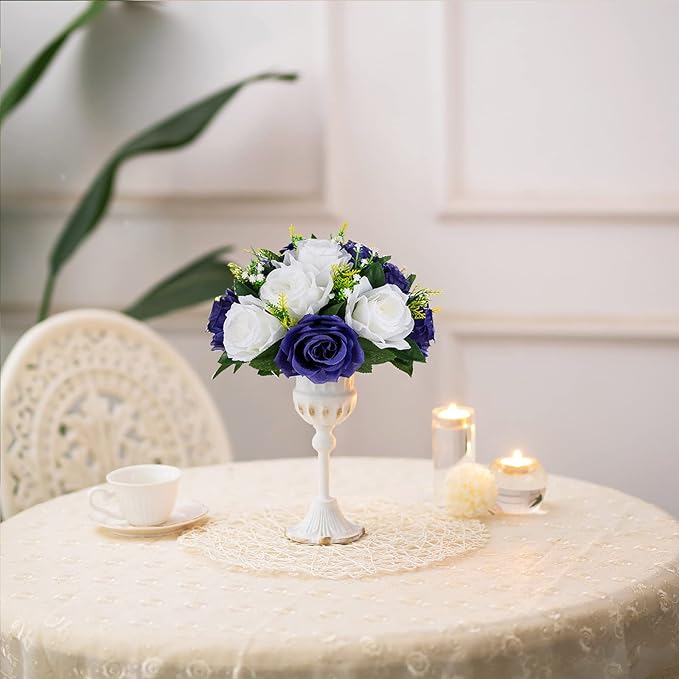 BLOSMON Flower Balls Table Centerpieces: 6 Pcs Fake Flowers Navy Blue White Wedding Kissing Rose Balls Decor - Artificial Floral Arrangements Flower Bouquet of Roses Home Party Table DIY Decorations