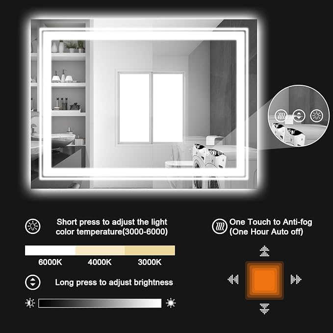 LED Bathroom Mirror, 40"X30" with Front and Backlit, Anti-Fog, Bathroom Vanity Mirror for Wall, Memory Function, Stepless Dimmable, Tempered Glass (Horizontal/Vertical)