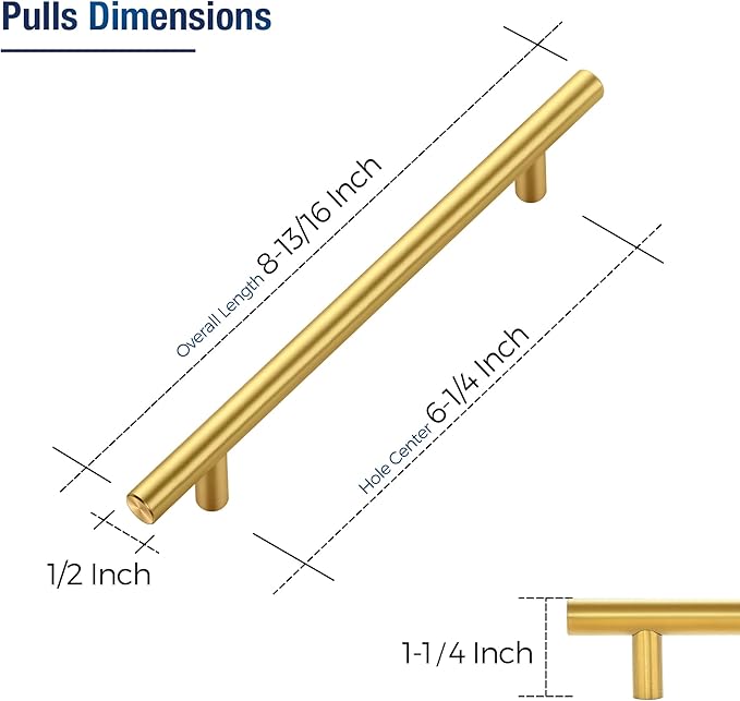 JOY DECOR 20 Pack Cabinet Handles, Gold Cabinet Pulls, 6-1/4 in Hole Center Kitchen Cabinet Handles, Stainless Steel T Bar Handles for Dresser Drawers